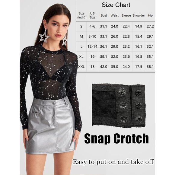 Women's Constellati Bodysuit Black Long Sleeve Bodysuit Round Neck Sheer Leotard - Picture 6 of 9